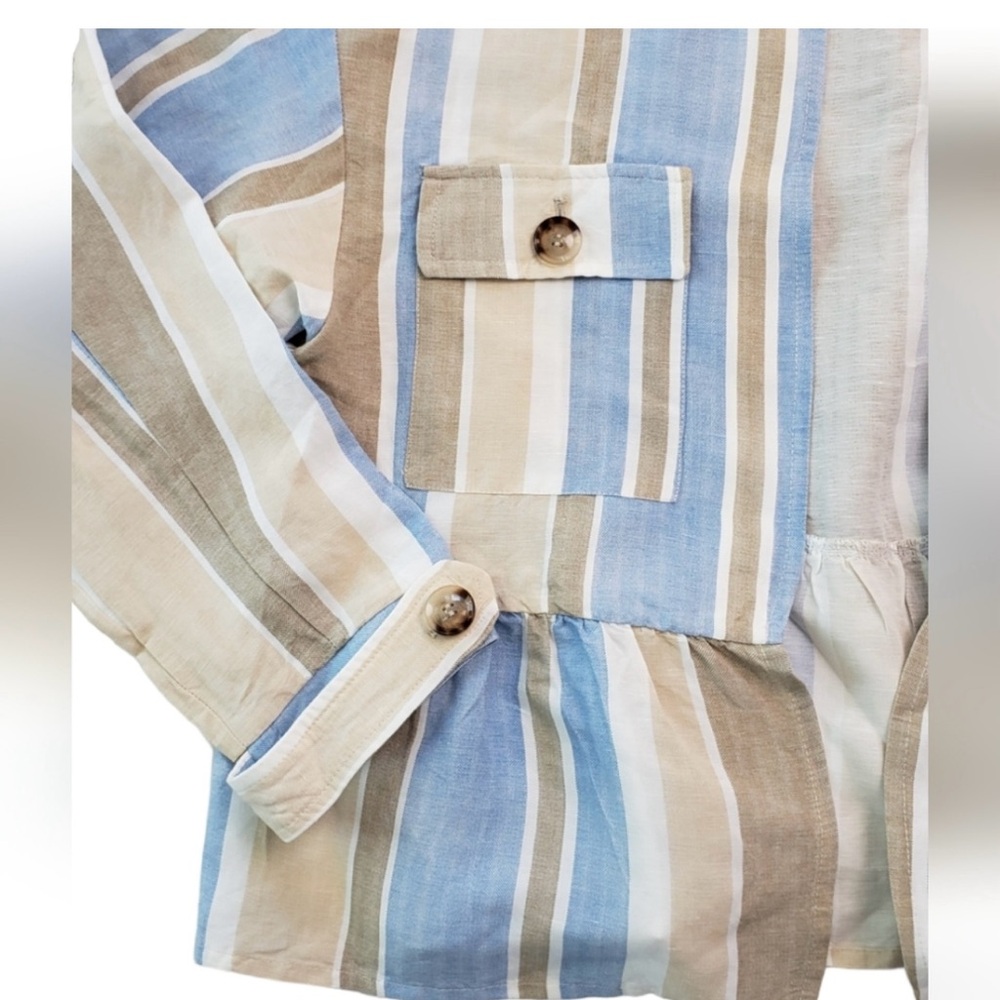 Zara -  Adorable White Tan and Blue Striped Jacket with open front- Size Medium - Picture 10 of 11